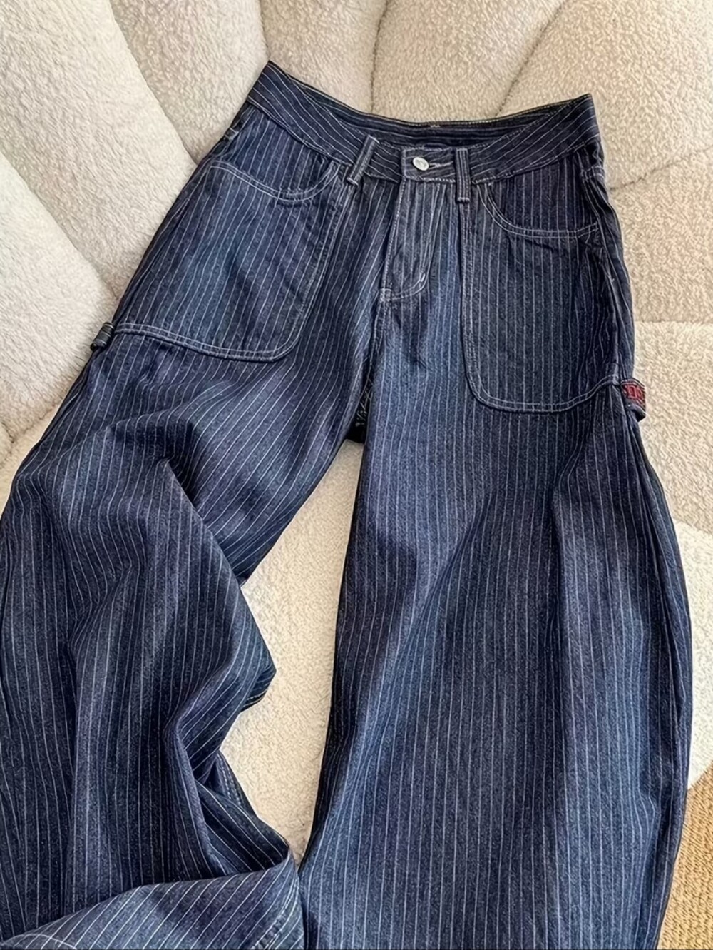 Washed Distressed Multi-pocket Striped Work Jeans, Stylish Design, Wide-leg - Picture 2 of 5